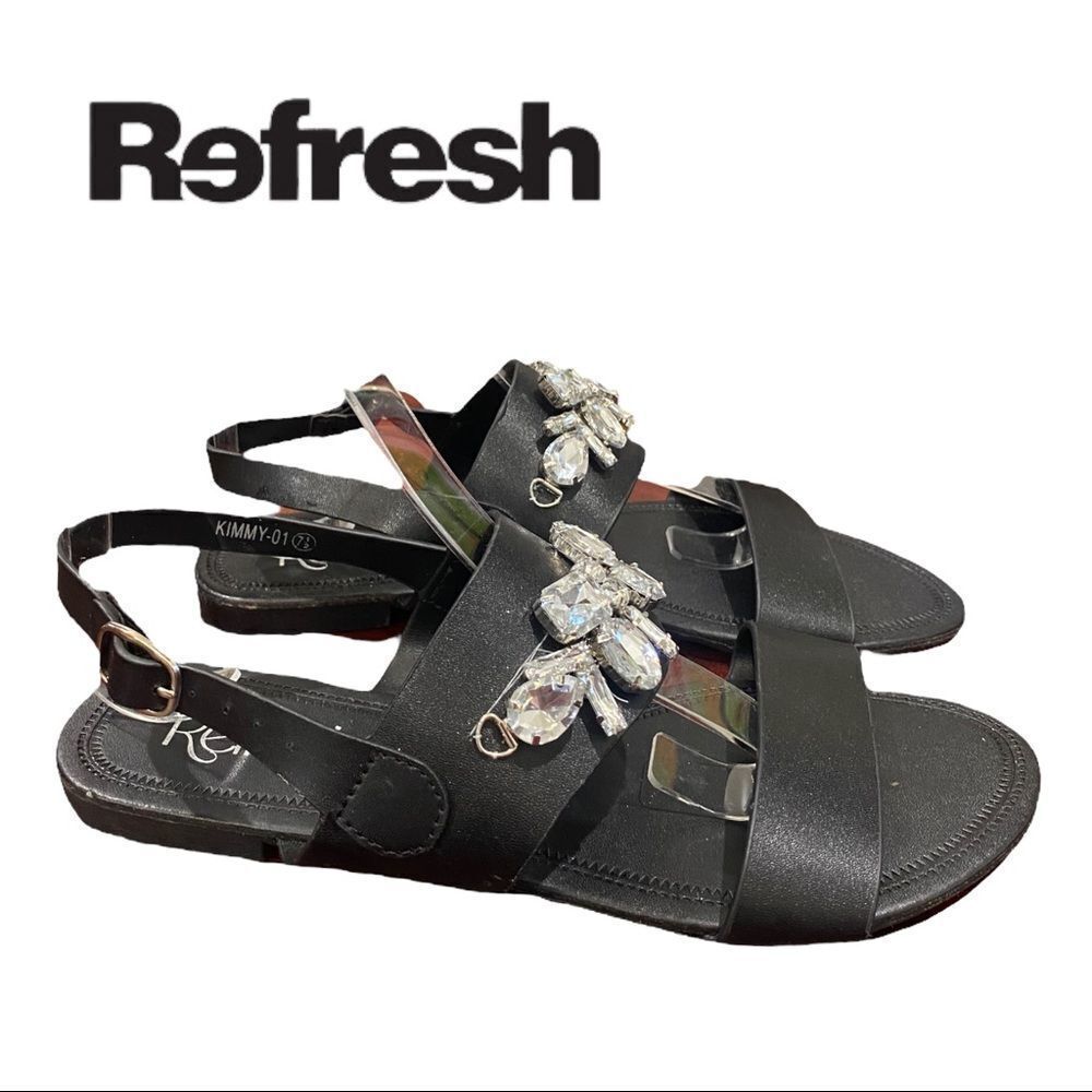 Refresh Women's Black Jewelled Slingback Double Band Sandals 7.5